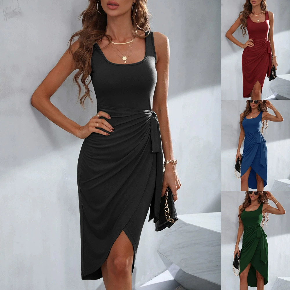 ZARA Office Square Neck Sleeveless Asymmetric Midi Dress Solid Color Pullover